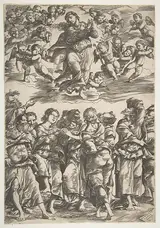 Domenico Campagnola, The Virgin at top center in clouds with clasped hands and right foot raised, surrounded by cherubin; below, the twelve apostles stand together gesturing upwards