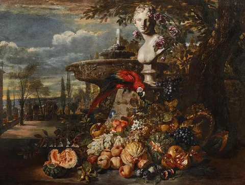 David de Coninck, A parrot, melons, peaches, pomegranates, grapes and cherries in an Italianate park