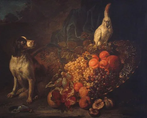 David de Coninck, Ostentatious still life with dog and parrot