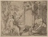 Gérard Audran, Two Nymphs and a Satyr before a Large Vat