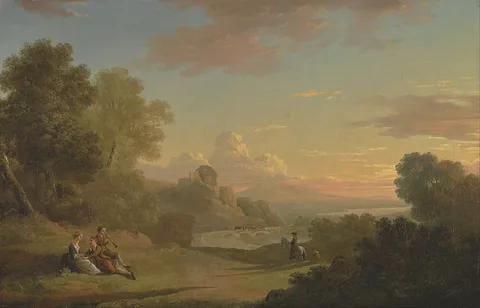Thomas Jones, An Imaginary Landscape with a Traveller and Figures Overlooking the Bay of Baiae