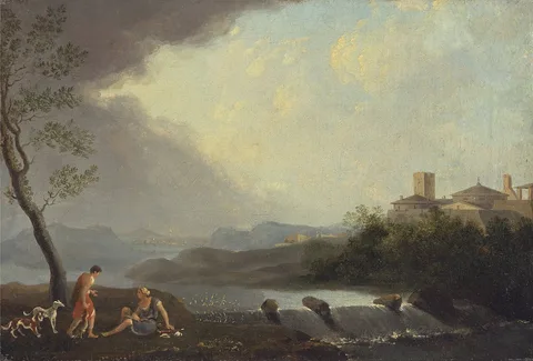 Thomas Jones, An Imaginary Italianate Landscape with Classical Figures and a Waterfall