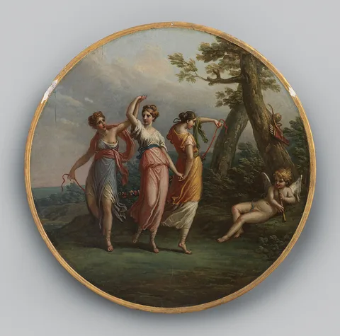 Antonio Zucchi, Three dancing nymphs and a reclining cupid in a landscape