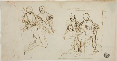 Baldassare Franceschini, Two Composition Sketches of Collapsing Figure Supported by Two Other Figures (recto); Compositional Sketch of Kneeling Figure Accompanied by Two Other Figures
