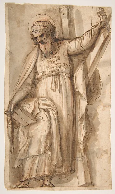 Fabrizio Santafede, Saint Andrew, Apostle, with Transverse Cross, Book, and Fish, (recto); Architectural sketch (verso)