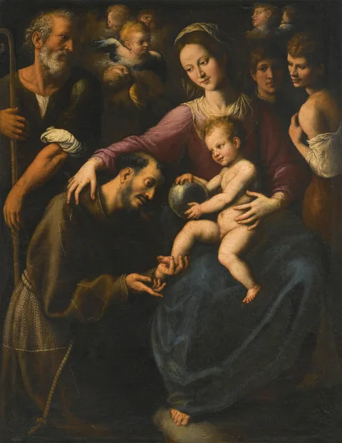 Fabrizio Santafede, The Holy Family with Saint Francis of Assisi adoring the Christ Child