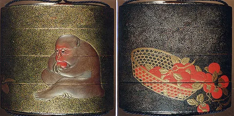 Mori Sosen, Case (Inrō) with Design of Basket of Persimmons (obverse); Monkey Eating Persimmon (reverse)