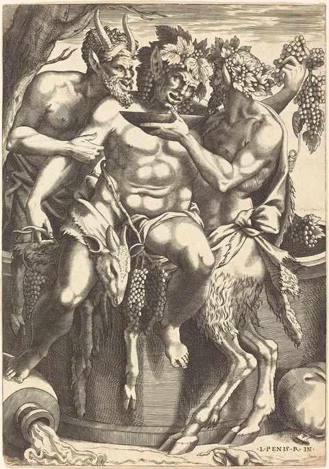René Boyvin, Two Satyrs Giving Drink to Bacchus