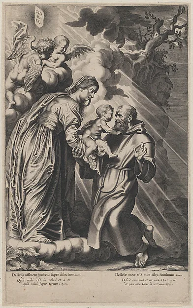 Michel Lasne, The Vision of Saint Francis, kneeling at right, receiving the Christ child from the Virgin Mary