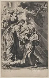 Michel Lasne, The Vision of Saint Francis, kneeling at right, receiving the Christ child from the Virgin Mary