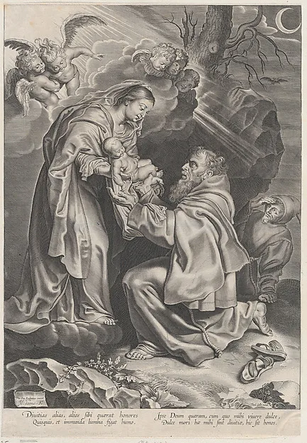 Michel Lasne, The Vision of Saint Francis, kneeling at right, receiving the Christ child from the Virgin Mary