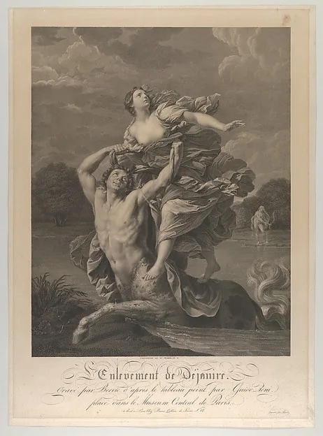 Charles Clément Bervic, Dejanira being abducted by the centaur Nessos, a man with bow and arrow at right, after Reni