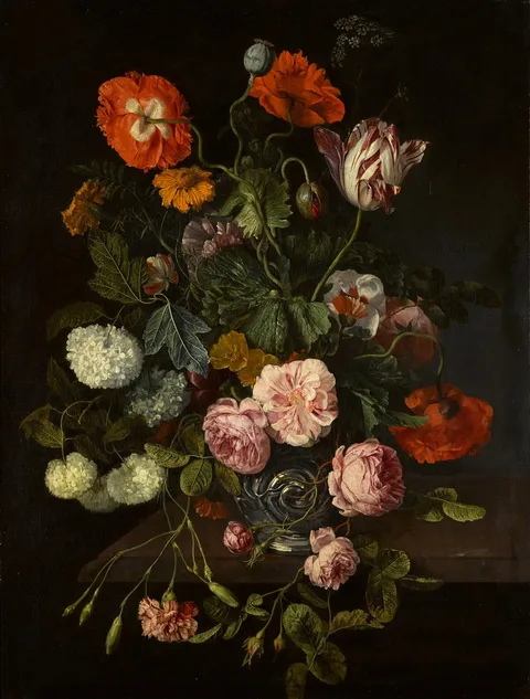 Cornelis Kick, Still life of flowers in a glass vase over a stone ledge