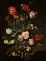 Cornelis Kick, Still life of flowers in a glass vase over a stone ledge
