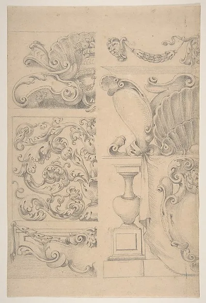 Agostino Mitelli, Design for Cartouches Decorated with Sea-Shells, Garlands, Foliage, Volutes and Urns