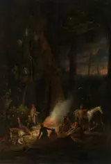 Augustus Earle, A bivouac of travellers in Australia in a cabbage-tree forest, day break