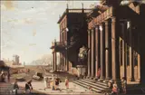 Vicente Giner, A capriccio view of a palace with ruins and figures