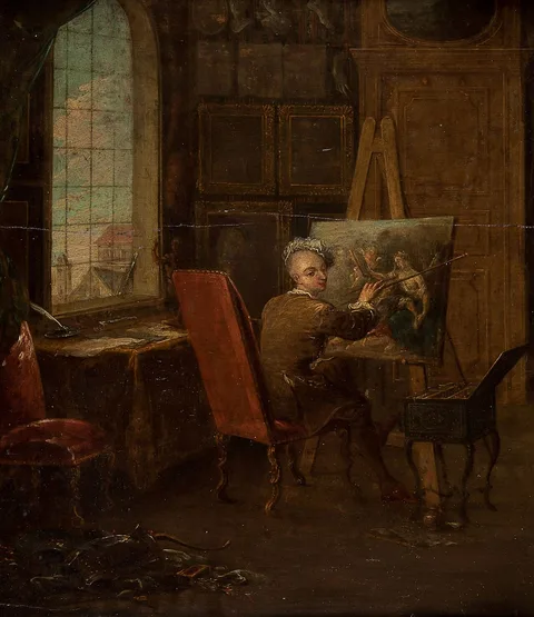 François Eisen, Self-portrait of the artist in his studio, holding a mahl-stick