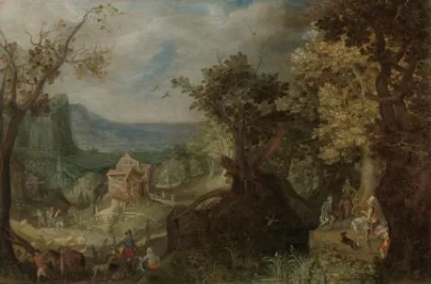 Anton Mirou, Hunter and Horsemen on a Wooded Road, with a Village in a Valley beyond