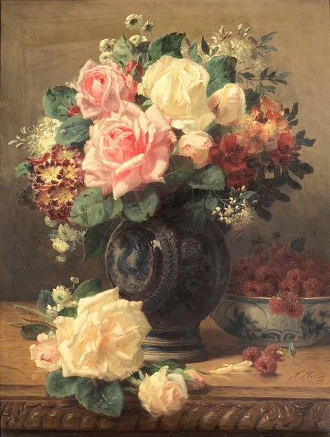 Jean-Baptiste Robie, Still Life with Roses and Raspberries