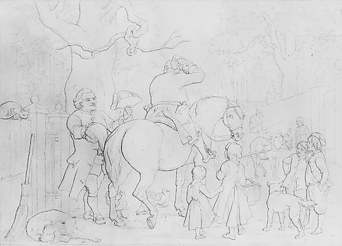 John Whetton Ehninger, Illustration to William Cowper's Poem "The Diverting History of John Gilpin": The Calenderer of Ware Offers John Gilpin His Hat and Periwig
