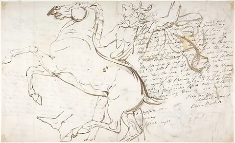 Ra William Etty, Rearing horse and trainer, drawn on a letter (recto); Studies of women and children (verso)