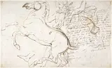 Ra William Etty, Rearing horse and trainer, drawn on a letter (recto); Studies of women and children (verso)