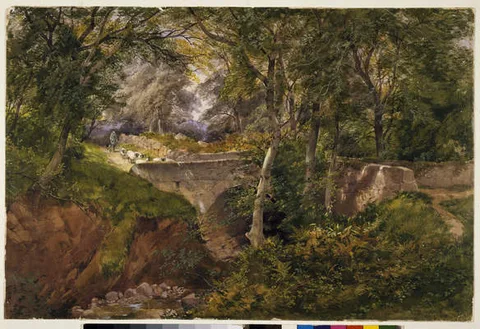 Henry Jutsum, Wooded Landscape with Sheep Crossing a Bridge