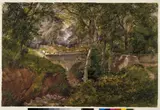 Henry Jutsum, Wooded Landscape with Sheep Crossing a Bridge
