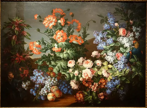 Antoine Monnoyer, Still Life with Flowers, Fruits, a Parrot and a Monkey