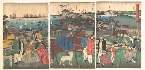 Yoshikazu, Foreigners Visiting the Famous Site of Mount Gongen in Kanagawa
