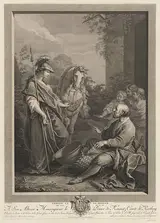 Carlo Antonio Porporati, Erminie, wearing a helmet and standing with a horse at left, and the shepherd, who weaves a basket at right