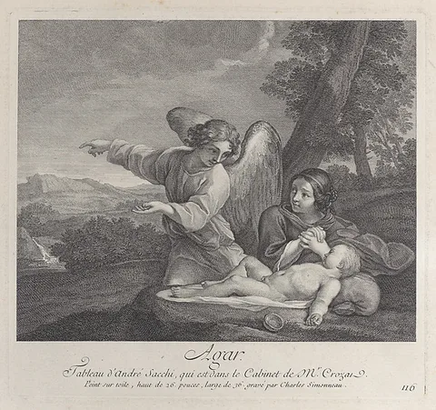 Charles-Louis Simonneau, The angel appearing to Hagar in the wilderness as she folds her hands next to the sleeping Ishmael