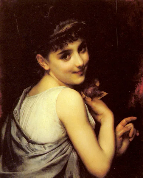 Adolphe Piot, A Young Beauty Holding A Red Rose.