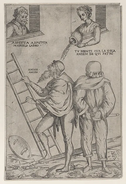 Ambrogio Brambilla, A man climbs a ladder while a woman throws water on him from above