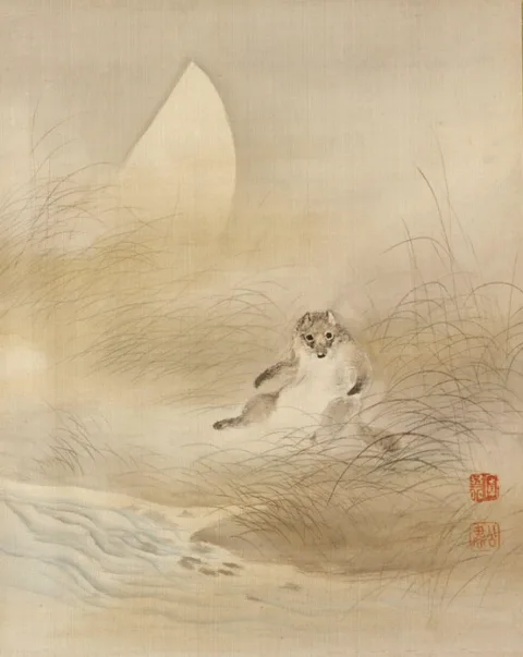 Mori Kansai, Tanuki (racoon) with Autumn Moon