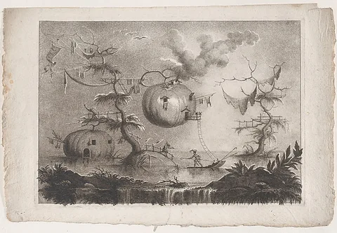 Filippo Morghen, Plate 7 from 'The collection of the most notable things seen by John Wilkins, erudite English bishop, on his famous trip from the Earth to the Moon... (Raccolta delle cose più notabili Vedute da Giovanni Wilkins erudito Vescove Inglese nel suo famoso viaggio dalla Terra alla Luna...): 'Pumpkins used as dwellings to secure against wild beasts' (Zucche che servono d'abitazioni per garantirsi dalle fiere)