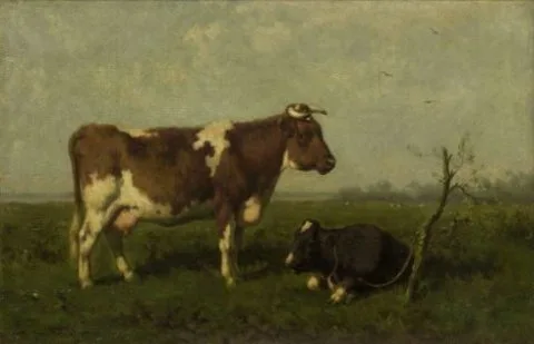 Jan Vrolijk, A Cow with her Calf in a Meadow