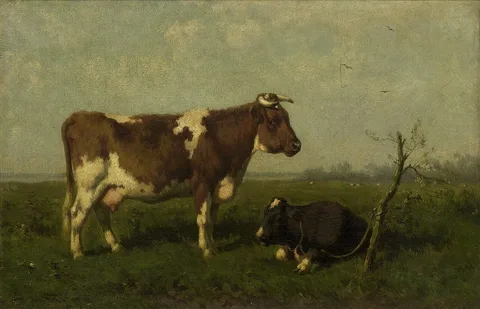 Jan Vrolijk, A Cow with her Calf in a Meadow