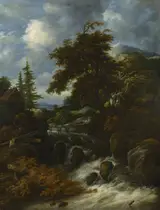 Jacob Salomonsz van Ruysdael, A Waterfall by a Cottage in a Hilly Landscape