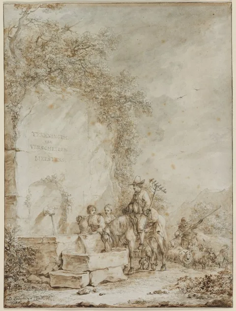 Dirk Langendijk, Frontispiece for an Album of Drawings: Peasants at a Fountain (recto)