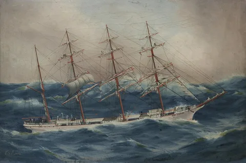 Thomas G. Purvis, 'Port Stanley', a four masted barque in a heavy sea, probably rounding Cape Horn