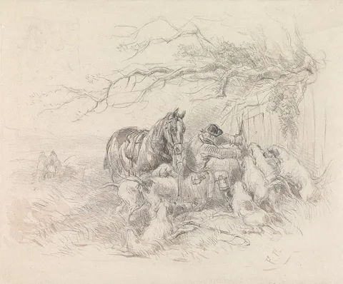 John Frederick Tayler, Dismounted Rider Breaking Open a Fence for Foxhounds to Pass Through