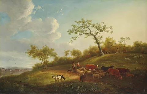 Jean-Baptiste De Roy, A landscape with drovers and their herd on a track, a village beyond