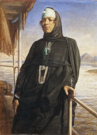 Carl Bertling, Bedouin woman on a Nile boat with a view of a pyramid