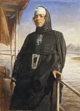 Carl Bertling, Bedouin woman on a Nile boat with a view of a pyramid