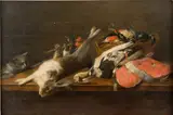 Pieter van Overschie, Still life with fowl and a cat