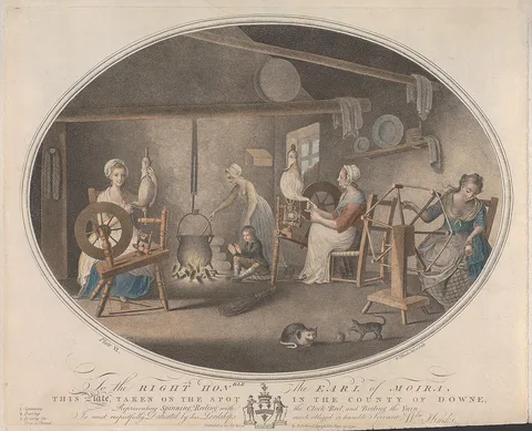 William Hincks, Plate VI: Taken on the Spot in the County of Downe, Representing Spinning, Reeling with the Clock Reel, and Boiling the Yarn