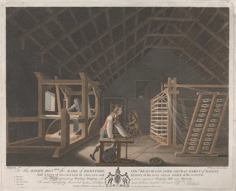 William Hincks, Plate VII: representing Winding, Warping with a new improved Warping Mill, and Weaving