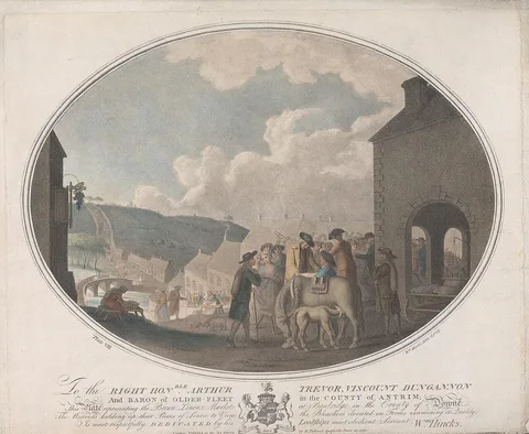 William Hincks, Plate VIII: representing the Brown Linen Market at Banbridge, in the County of Downe, The Weavers holding up their Pieces of Linen to View, the Bleachers elevated on Forms examining its Quality